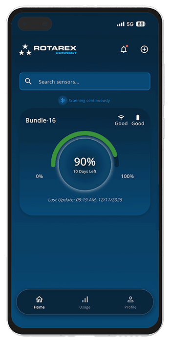 <b>Powerful technology, effortless experience.</b><br>Rotarex Digital Measurement Solutions connects to your gas cylinder via Bluetooth. No cables, no setup headaches. Simply open the app, pair your sensor, and get accurate readings with ±1% precision.